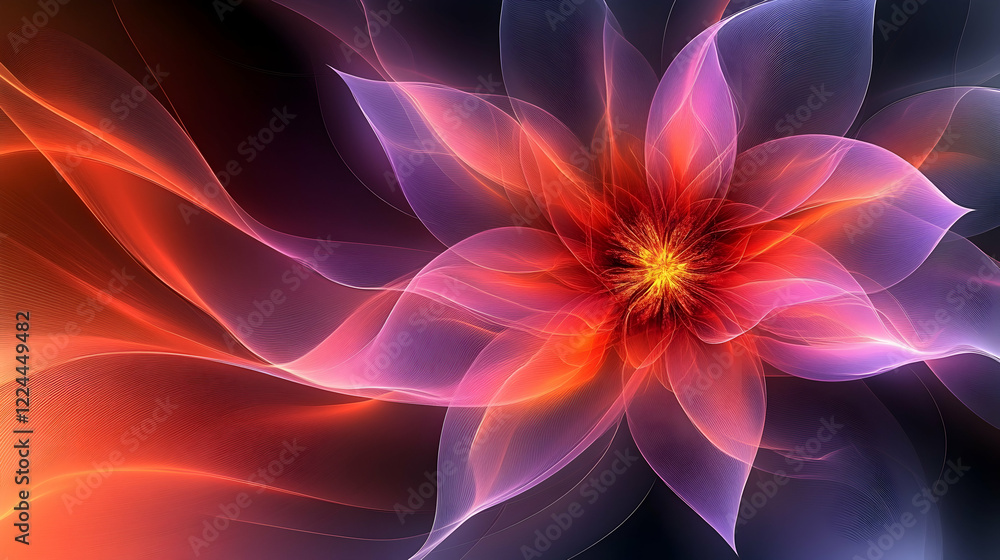 Abstract fiery flower, glowing petals, dark background, design element Abstract fiery flower, glowing petals, dark background, design element