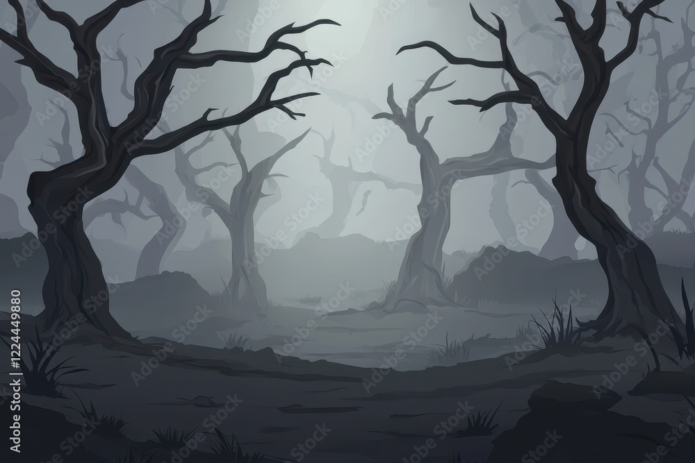 Naklejka premium A Foggy Forest Path With Bare Twisted Trees