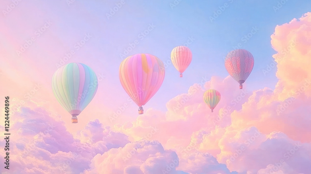 Fototapeta premium Pastel hot air balloons soar through sunrise cloudscape; idyllic travel