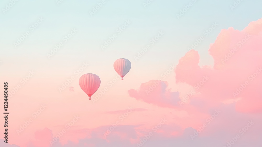 Obraz premium Pastel hot air balloons drift in pink sunset sky, travel, freedom