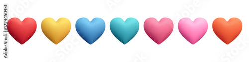 Colored realistic plasticine hearts, 3D vector icon on white background.