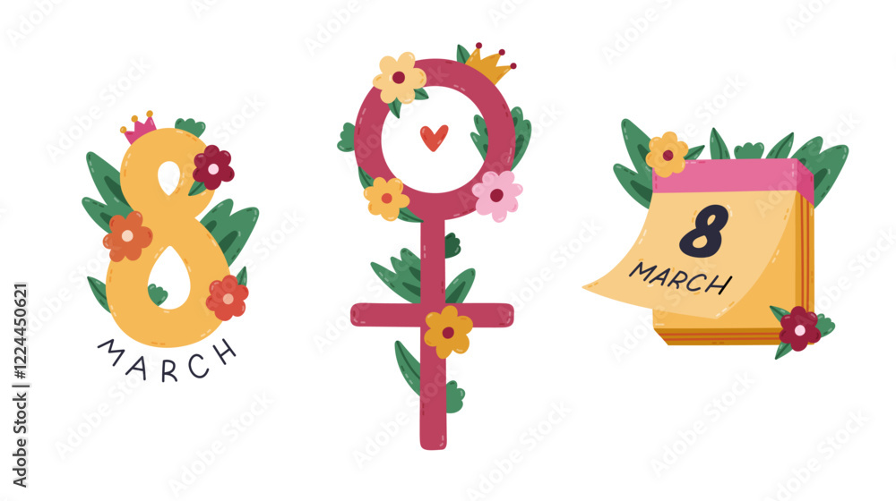 Lovely cartoon symbols of International Women Day with number eight, female gender symbol, calendar with holiday date in flowers and leaves. Cute hand drawn feminist and sisterhood clipart. Lovely cartoon symbols of International Women Day with number eight, female gender symbol, calendar with holiday date in flowers and leaves. Cute hand drawn feminist and sisterhood clipart.