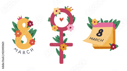 Lovely cartoon symbols of International Women Day with number eight, female gender symbol, calendar with holiday date in flowers and leaves. Cute hand drawn feminist and sisterhood clipart.