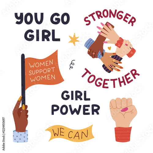 Lovely cartoon feminism badges with women arms in different poses and gender equality lettering. Cute hand drawn feminist slogans, multiracial, diversity and female movement concept isolated on white