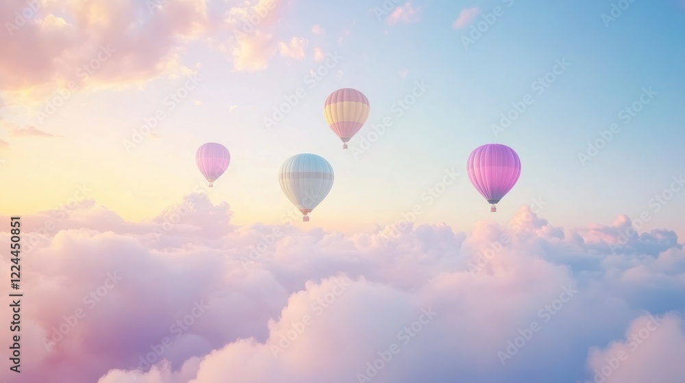 Obraz premium Colorful hot air balloons soar above pastel clouds at sunrise, idyllic travel scene