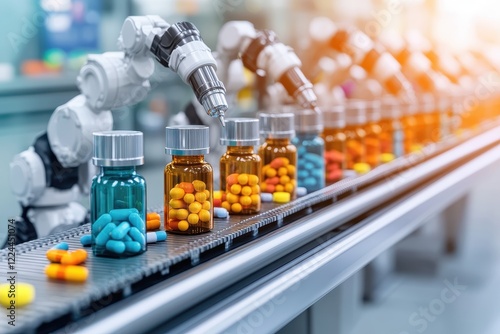Automated production line for pharmaceutical products.