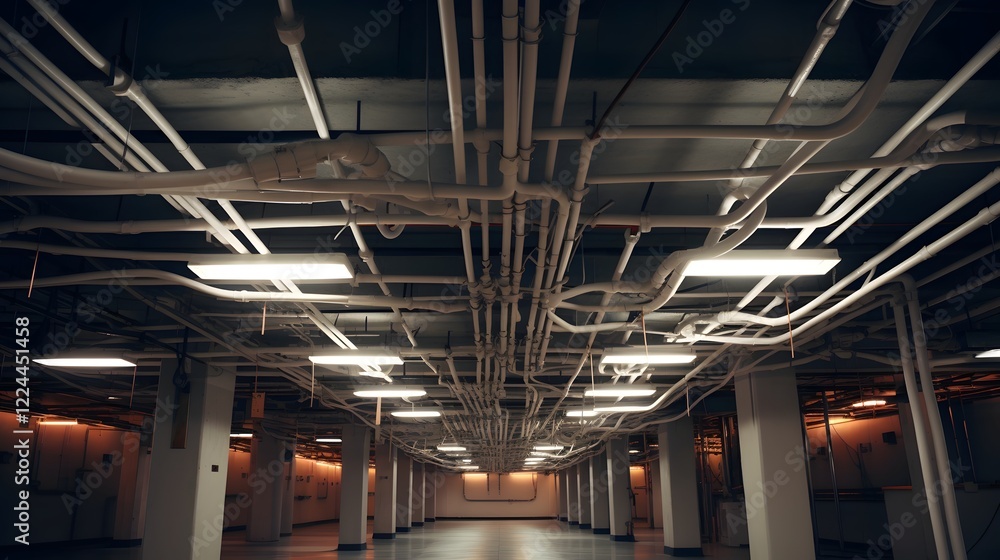 An abstract overhead view showcasing a complex network of electrical cables and conduits running along the ceiling of an industrial workspace or facility An abstract overhead view showcasing a complex network of electrical cables and conduits running along the ceiling of an industrial workspace or facility