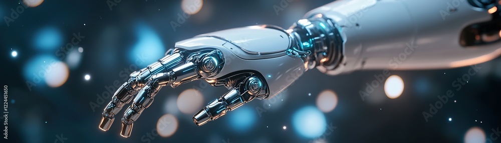 A luminous robotic arm reaches out from a modern space station, showcasing metallic textures paired with neon highlights against a cosmic backdrop of blue and black A luminous robotic arm reaches out from a modern space station, showcasing metallic textures paired with neon highlights against a cosmic backdrop of blue and black