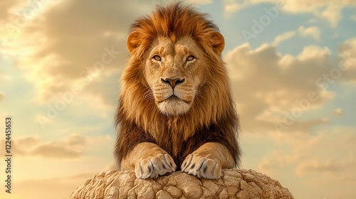 A majestic lion in the golden hour, standing proudly on a rocky outcrop with the savannah stretching out in the background. High Quality