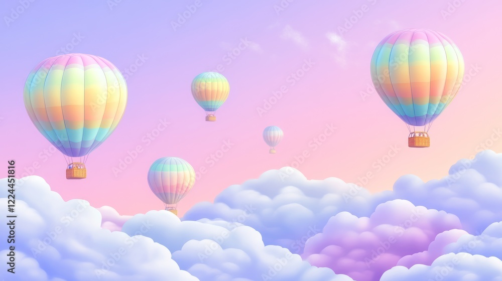 Fototapeta premium Pastel hot air balloons fly above fluffy clouds at sunset; dreamy travel poster
