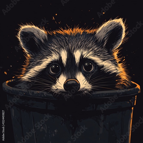 A vector illustration of a raccoon's face with bold black and white patterns, peeking out from a glowing trash bin. photo