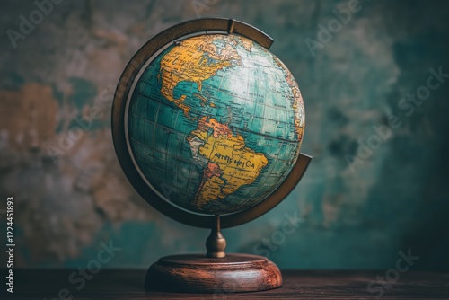 Vintage globe with wooden stand showing continents and oceans, ideal for educational, decorative, and geographic themes.