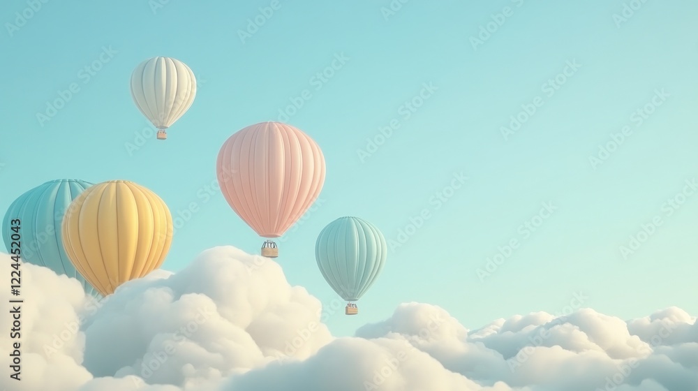 Fototapeta premium Pastel hot air balloons float above clouds, dreamy sky background, travel advertisement