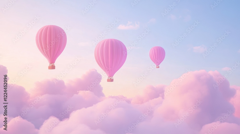 Obraz premium Pink hot air balloons soar above pastel cloudscape at sunrise; dreamy travel poster (1)