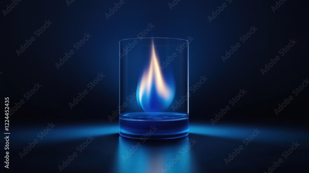 Blue flame burning in glass, dark background, energy concept Blue flame burning in glass, dark background, energy concept