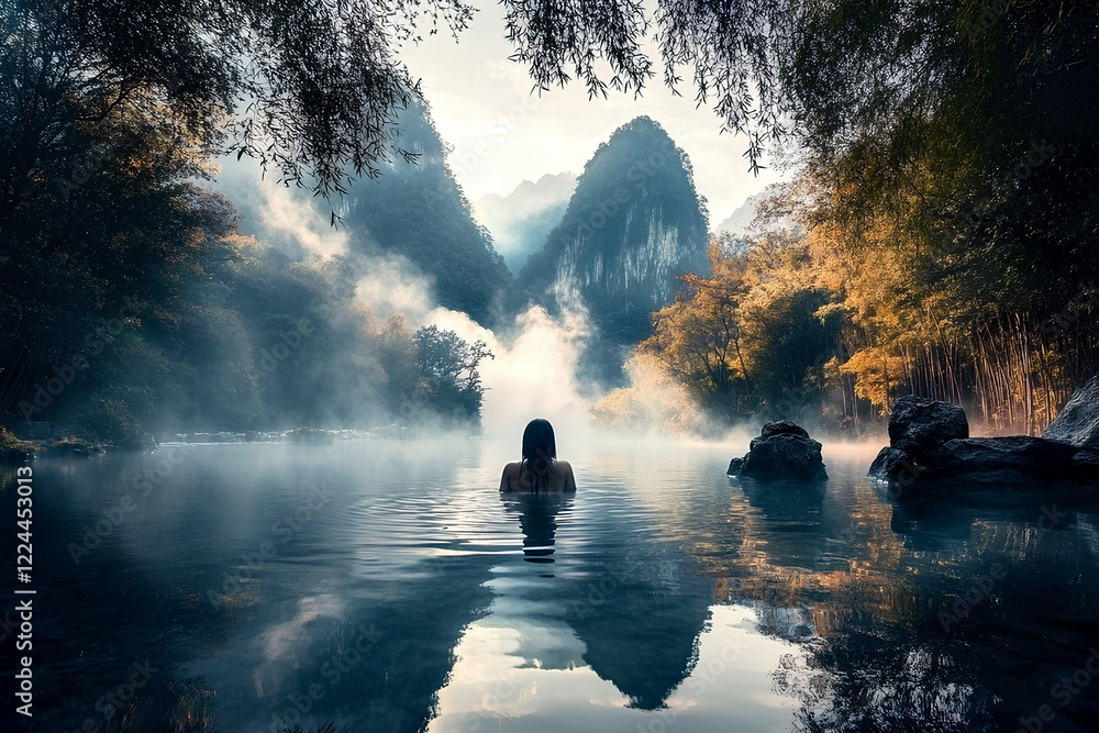 A misty morning landscape with a girl standing by the lake. Perfect for nature, misty mornings, and tranquility imagery A misty morning landscape with a girl standing by the lake. Perfect for nature, misty mornings, and tranquility imagery