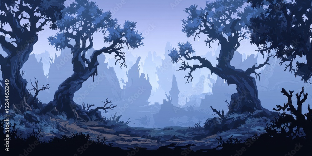 Ancient Trees Frame Misty Mountain Ruins Landscape