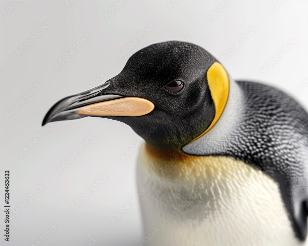 Naklejka premium Realistic depiction of an emperor penguin standing elegantly against a white background in bright daylight