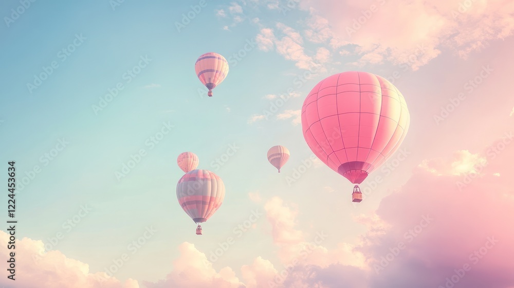 Naklejka premium Pink hot air balloons soar at sunrise, pastel clouds