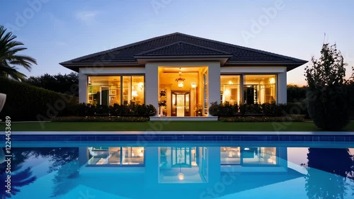 Stunning modern house exterior with pool transitioning from day to night