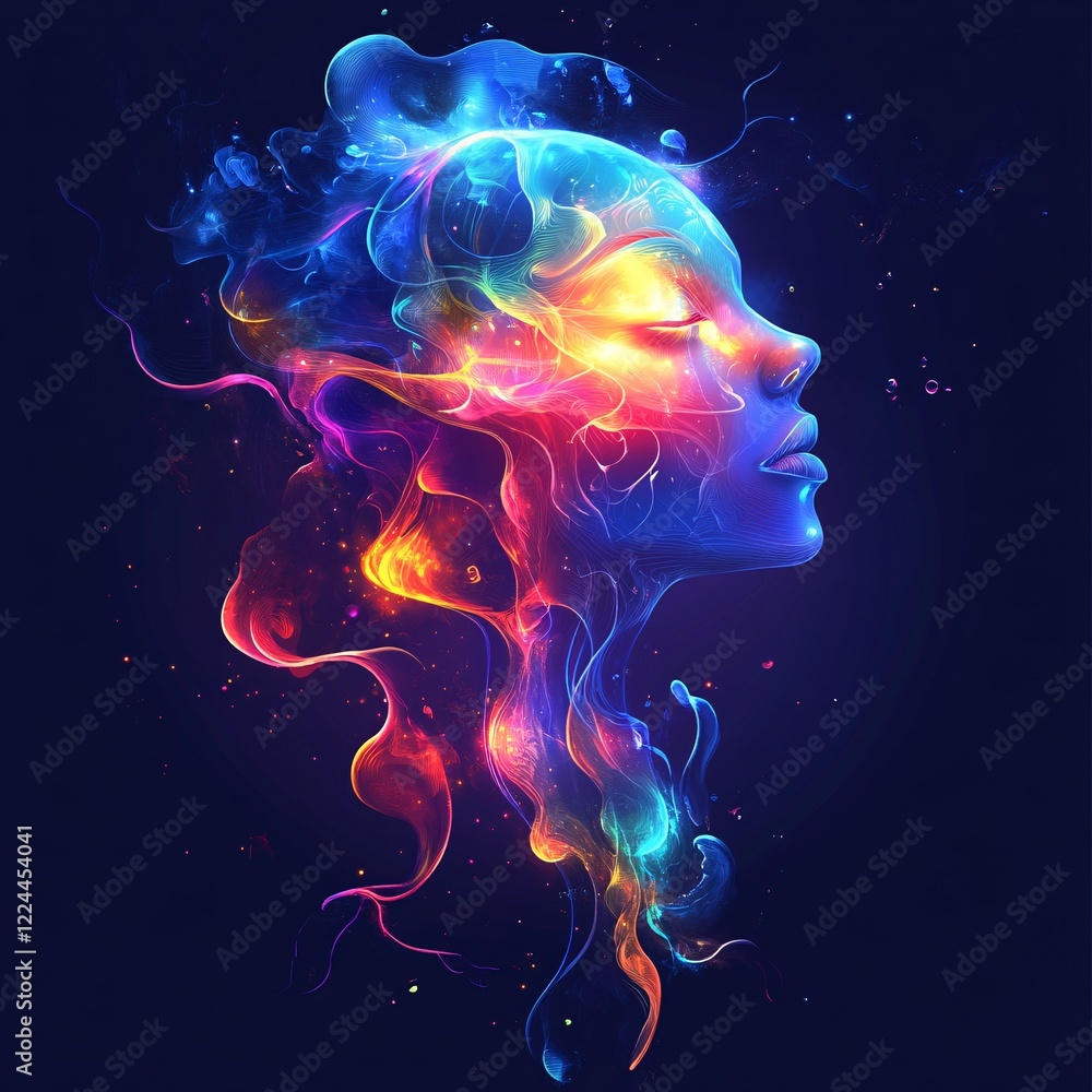 A vector illustration of a glowing jellyfish face with colorful neon tentacles, floating in deep water. A vector illustration of a glowing jellyfish face with colorful neon tentacles, floating in deep water.