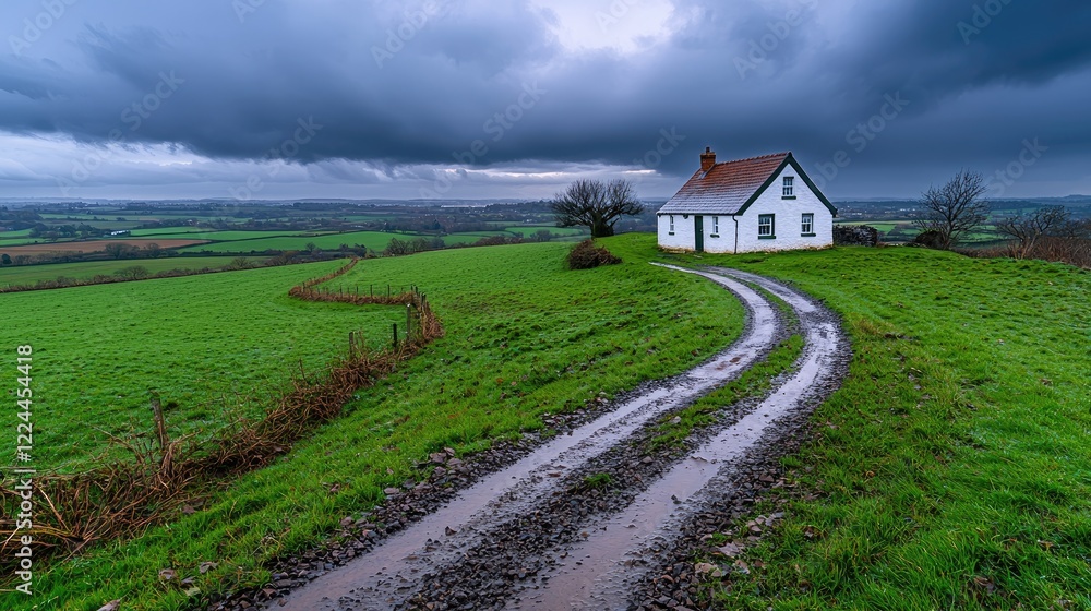 Rural cottage on hillside, scenic view, stormy sky, Irish countryside, postcard
