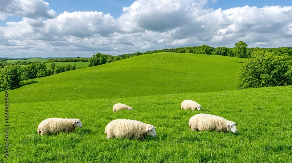 Fototapeta premium A serene pastoral scene featuring a herd of sheep grazing in a lush green meadow under a cloudy sky. High Quality