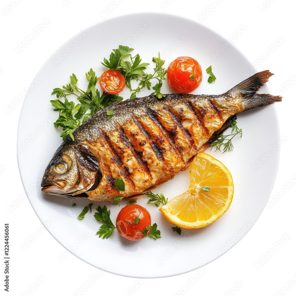 Grilled fish plate with lemon and herbs, gourmet delight