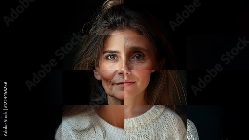 Mosaic loopable footage of young women morphing into older and  back to younger. Concept of rejuvenation and longevity.