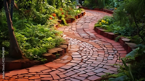 An irregularly shaped brick garden path winding through a serene nature setting with lush foliage and a tranquil atmosphere  The unique pattern of the bricks creates an look perfect for landscaping photo