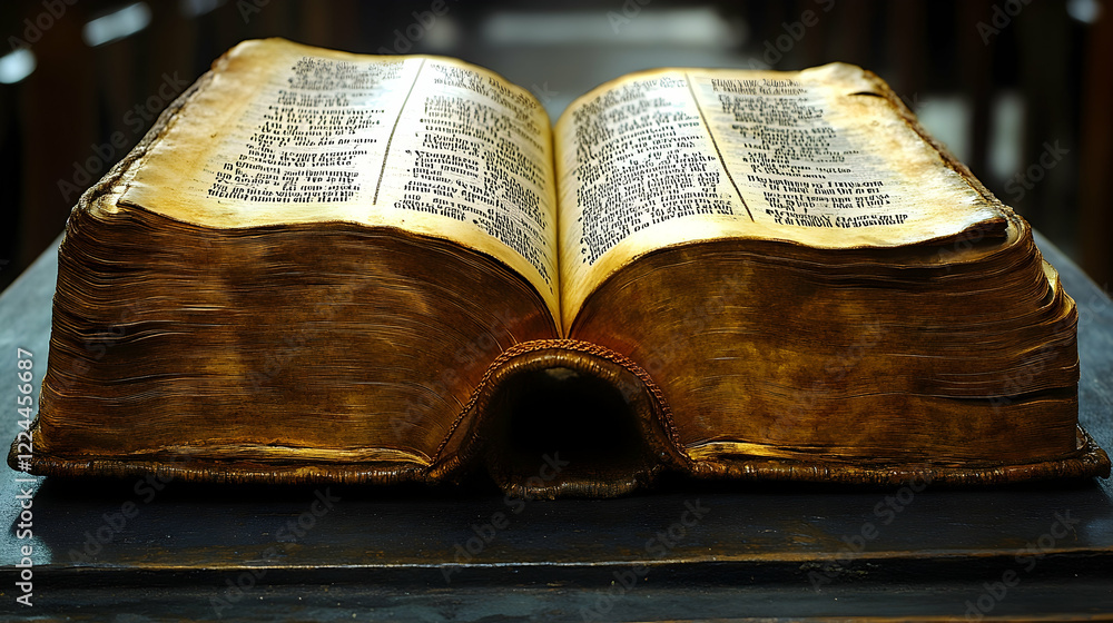Obraz premium Ancient book open on dark surface, church background; history, religion, knowledge