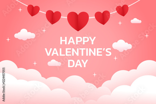 Valentine background. Red hanging hearts on a light pink background with fluffy clouds and white stars. Vector illustration Design for Poster, Banner, Greeting, Card, cover. Valentine's day design.