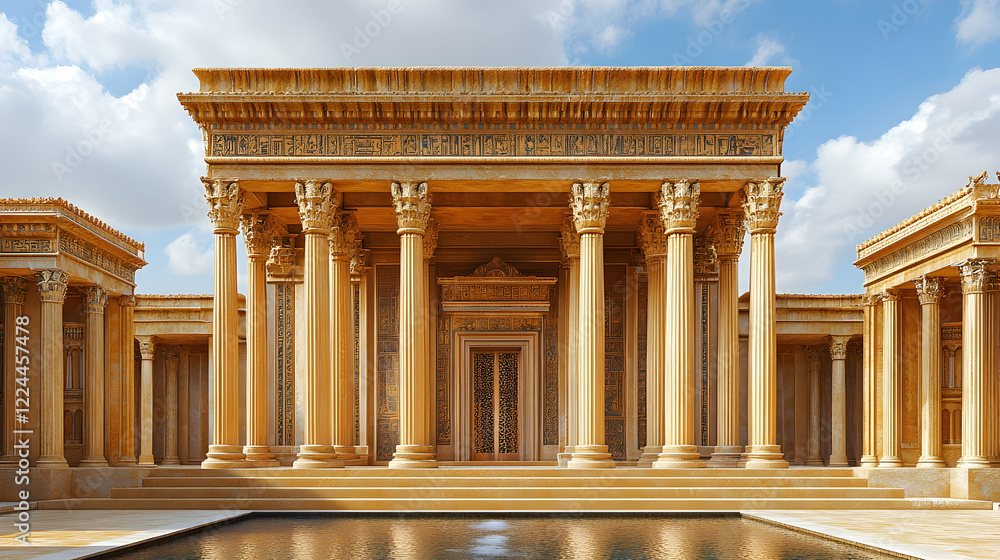 Obraz premium Ancient temple, sunny day, reflecting pool, historical architecture, travel photography