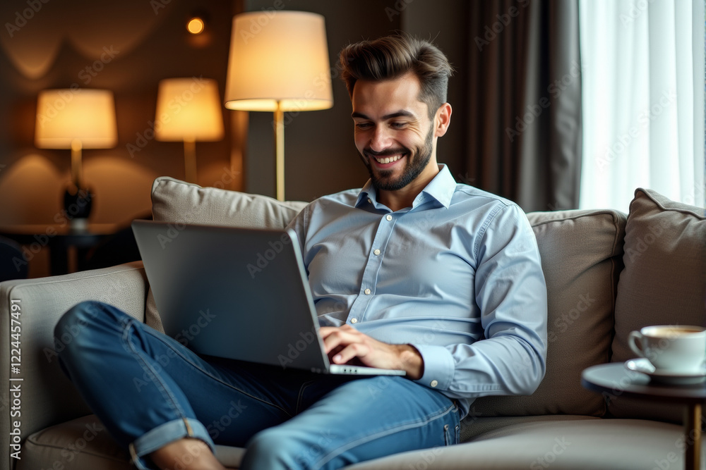 a young man, mid-20s, reclining on a comfortable couch in a chic boutique hotel. a young man, mid-20s, reclining on a comfortable couch in a chic boutique hotel.