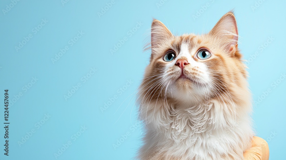 Curious cat looking up, blue background, pet portrait, website banner Curious cat looking up, blue background, pet portrait, website banner