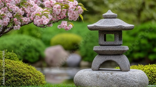 A tranquil Japanese garden scene with a stone lantern, koi pond, and cherry blossoms in full bloom. High Quality