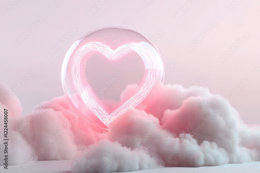 A translucent bubble contains a glowing neon heart, gently floating above soft, fluffy clouds. Glowing particles accentuate the serene white-to-pink gradient backdrop, creating a surreal atmosphere A translucent bubble contains a glowing neon heart, gently floating above soft, fluffy clouds. Glowing particles accentuate the serene white-to-pink gradient backdrop, creating a surreal atmosphere