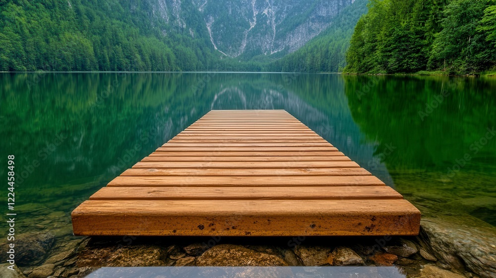 A tranquil scene of a wooden dock extending into a calm mountain lake, with mist hanging over the water. High Quality A tranquil scene of a wooden dock extending into a calm mountain lake, with mist hanging over the water. High Quality