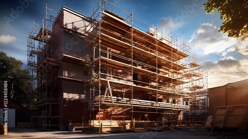A new construction project featuring scaffolding and brick walls in a 16 9 landscape orientation  The image showcases the progress and development of an urban infrastructure project
