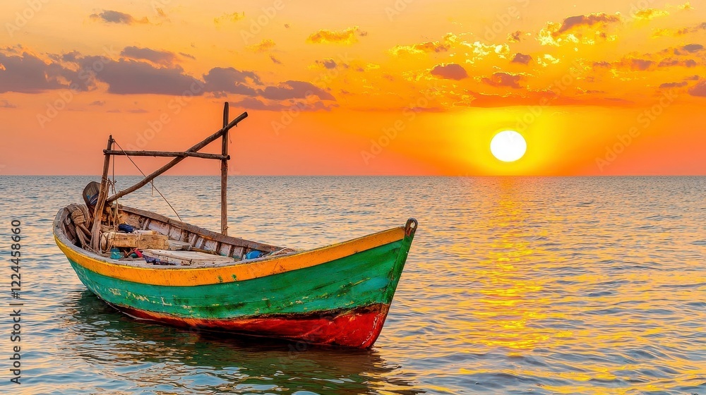A tranquil sunset over a calm sea, with a small fishing boat silhouetted against the horizon. High Quality A tranquil sunset over a calm sea, with a small fishing boat silhouetted against the horizon. High Quality