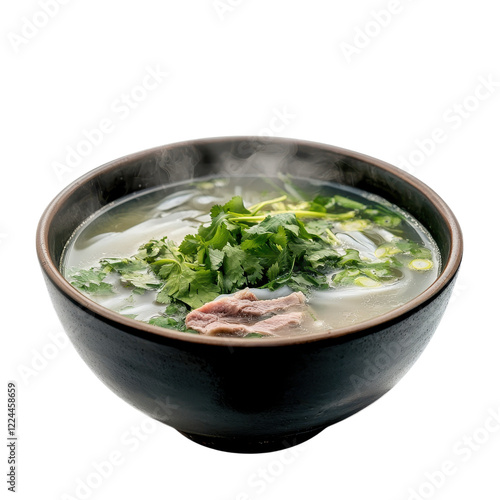 steaming bowl of pho with fresh herbs and meat
