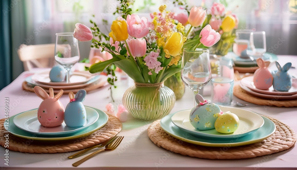 A vibrant Easter table setting with pastel-colored plates, bunny-shaped napkin holders, fresh spring flowers, and decorative eggs, creating a festive and cheerful holiday atmosphere. A vibrant Easter table setting with pastel-colored plates, bunny-shaped napkin holders, fresh spring flowers, and decorative eggs, creating a festive and cheerful holiday atmosphere.
