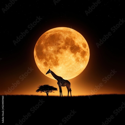 Giraffe silhouette under a glowing full moon.