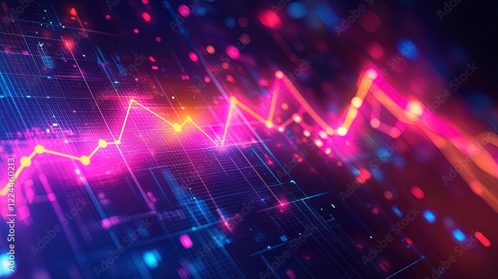 Abstract line chart with glowing lines, bright peaks and valleys, and floating data points Abstract line chart with glowing lines, bright peaks and valleys, and floating data points