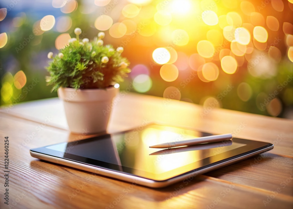 Bokeh Desk Setup: Digital Tablet & Workspace Productivity Stock Photo Bokeh Desk Setup: Digital Tablet & Workspace Productivity Stock Photo