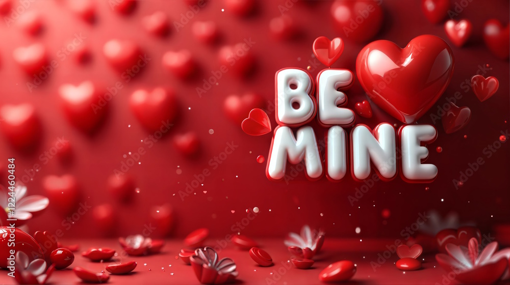 BE MINE 3D white text on festive red background with hearts, Valentine's Day banner, love, romantic 3D wallpaper, Love greeting card BE MINE 3D white text on festive red background with hearts, Valentine's Day banner, love, romantic 3D wallpaper, Love greeting card