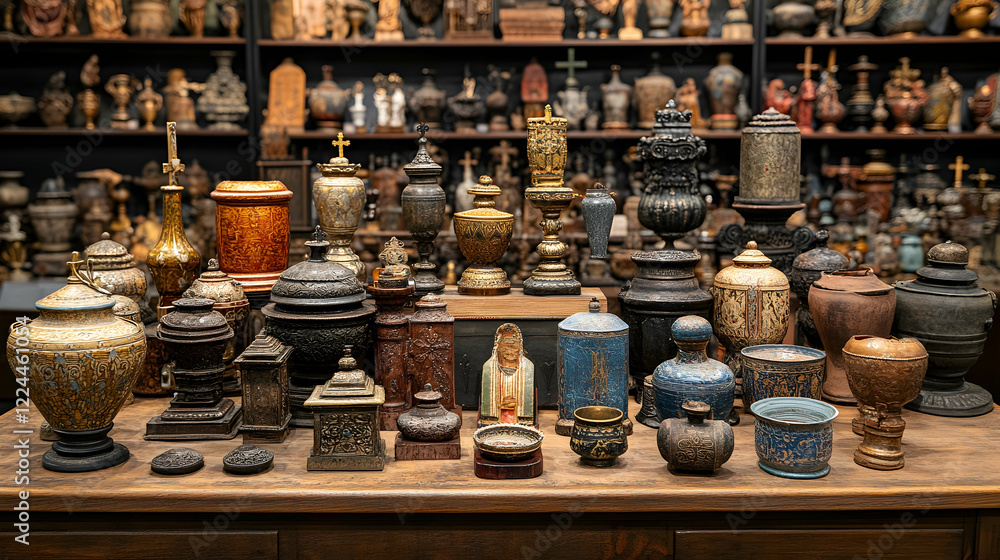 Antique urns and religious figurines displayed on a table, in a curio shop, showcasing craftsmanship Antique urns and religious figurines displayed on a table, in a curio shop, showcasing craftsmanship