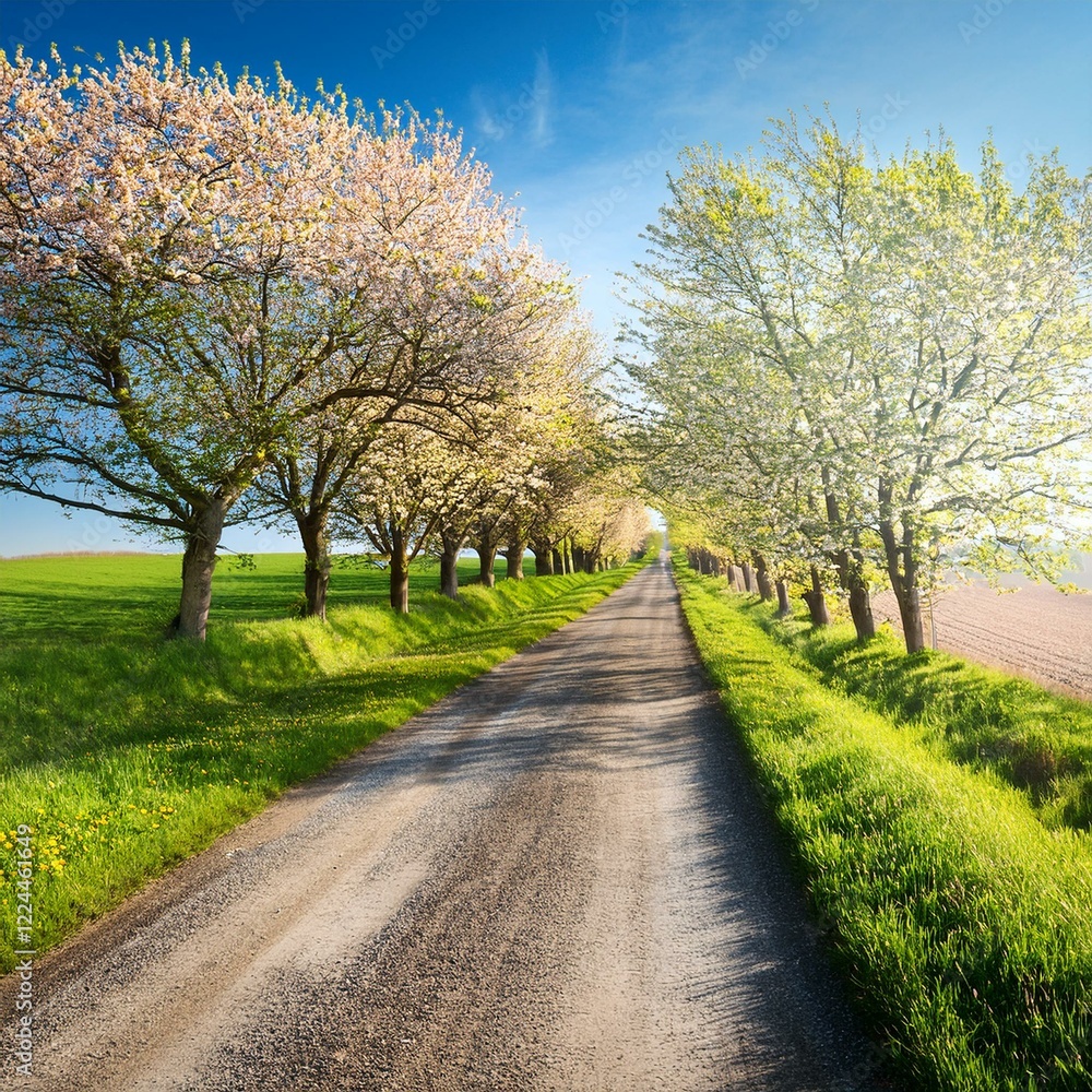 Scenic Spring Road – Tree-Lined Path with Fresh Green Foliage and Blooming Countryside Landscape Scenic Spring Road – Tree-Lined Path with Fresh Green Foliage and Blooming Countryside Landscape