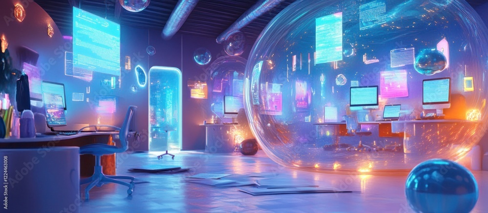 Futuristic office with glowing screens, transparent bubble, and neon lights. Futuristic office with glowing screens, transparent bubble, and neon lights.