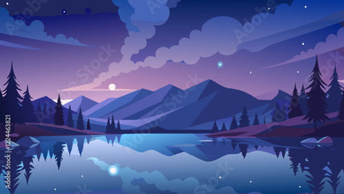 Night landscape with mountains and lake. Vector illustration in cartoon style.